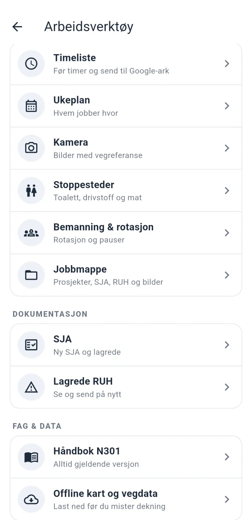 Menyen Arbeidsverktøy: Timeliste, Ukeplan, Kamera, Stoppesteder, Bemanning og rotasjon og Jobbmappe, og begynnelsen på seksjonene Dokumentasjon og Fag og data.