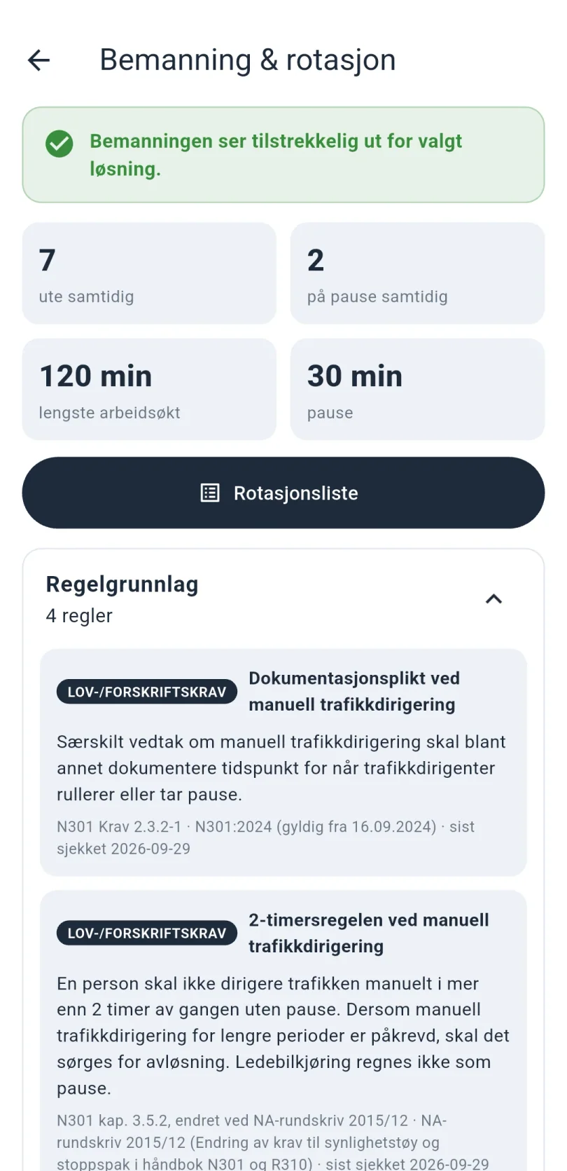 Bemanning og rotasjon: en bekreftelse på at bemanningen ser tilstrekkelig ut, nøkkeltall for antall ute og på pause samtidig, lengste arbeidsøkt og pauselengde, knappen Rotasjonsliste og et utvidbart regelgrunnlag der hver regel er merket som lov- eller forskriftskrav.