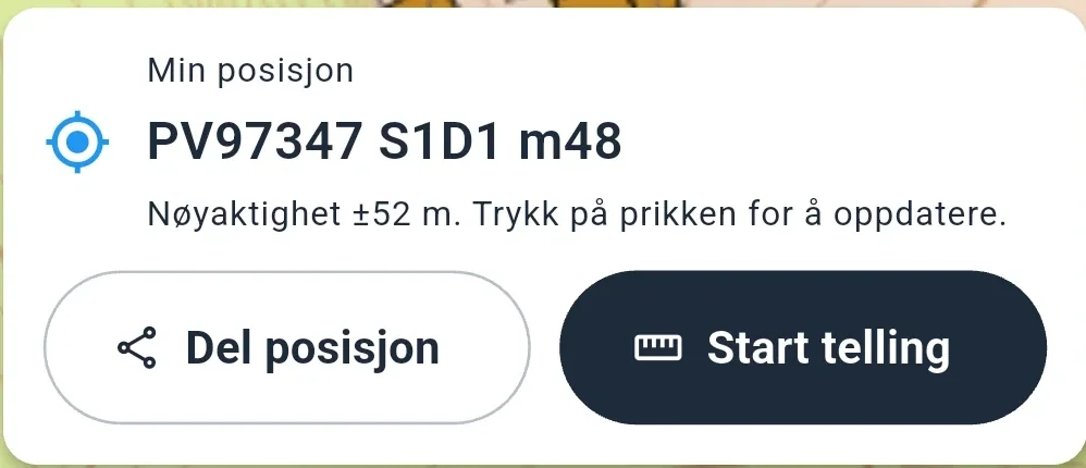 Utsnitt av kortet Min posisjon: PV97347 S1D1 m48 med nøyaktighet pluss minus 52 meter, og knappene Del posisjon og Start telling.