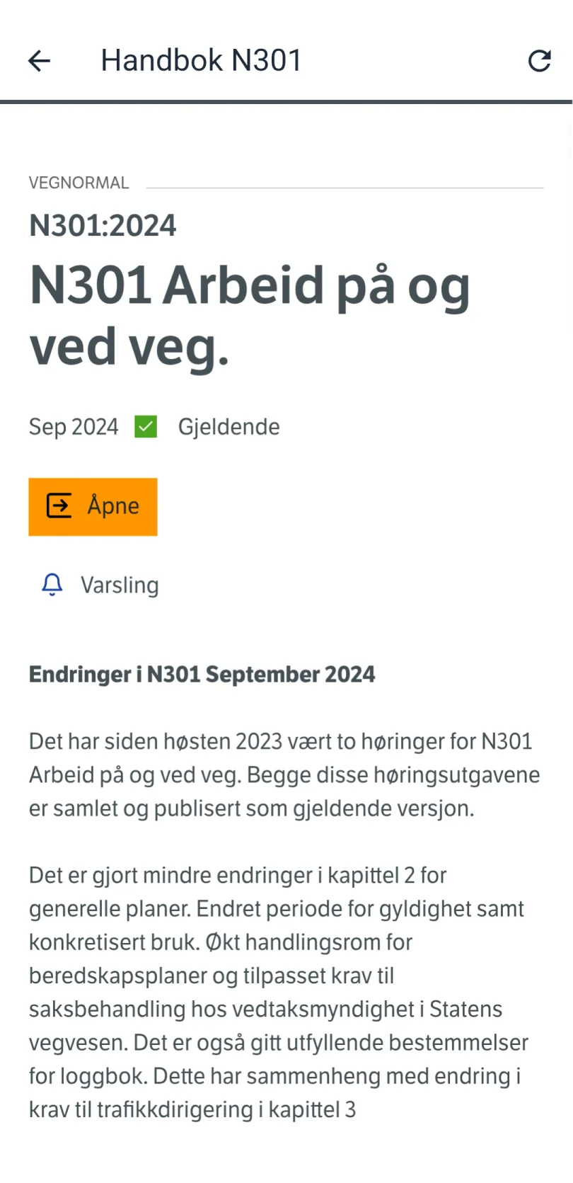 Håndbok N301 Arbeid på og ved veg i appen, merket som gjeldende, med utgivelsesdato og en beskrivelse av endringene i september 2024.