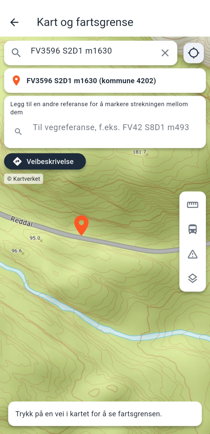 Kartet etter søk på vegreferansen FV3596 S2D1 m1630. En rød nål markerer stedet, og kortet foreslår å legge til en andre vegreferanse for å markere strekningen mellom dem. Knappen Veibeskrivelse ligger under.