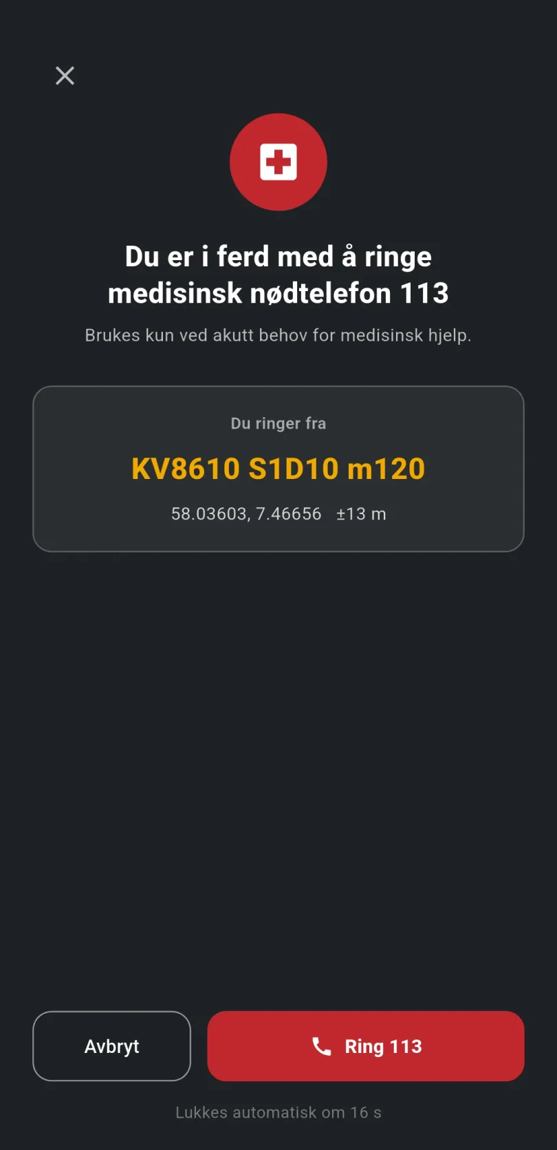 Bekreftelsesside før nødsamtale: Du er i ferd med å ringe medisinsk nødtelefon 113, med vegreferansen KV8610 S1D10 m120 og koordinater, knappene Avbryt og Ring 113 og en nedtelling som lukker siden automatisk.