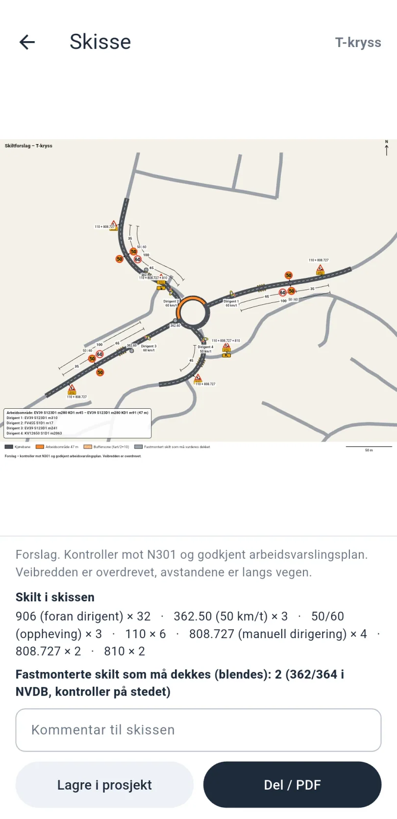 Skissen en skiltplan gir: et kartutsnitt med skilt og avstander, en tekst om at forslaget må kontrolleres mot N301 og godkjent arbeidsvarslingsplan, en liste over skilt i skissen, et kommentarfelt og knappene Lagre i prosjekt og Del / PDF.