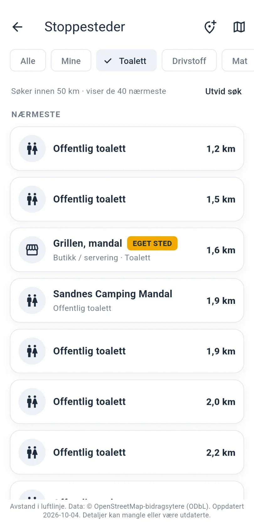 Stoppesteder filtrert på Toalett: nærmeste offentlige toaletter med avstand, og et eget sted merket Eget sted.