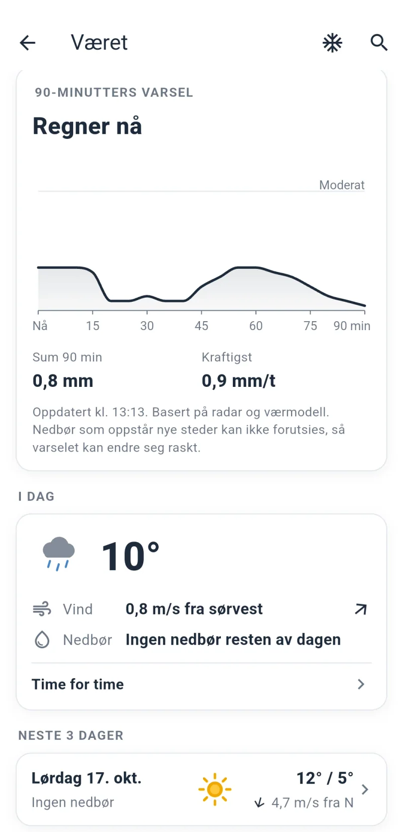 Værskjermen med 90-minutters nedbørsvarsel som en kurve fra nå til 90 minutter, summen av nedbør, kraftigste nedbør, dagens vær med temperatur og vind, og varsel for de neste tre dagene.
